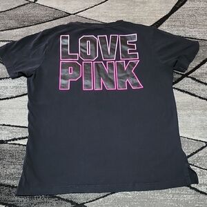 VS PINK 2016 CAMPUS CREW BLACK COTTON DOG & LOVE PINK GRAPHIC TEE-SHIRT